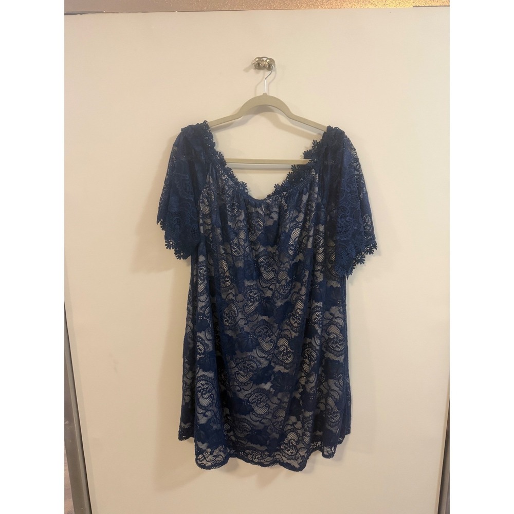 Miholl Navy Blue Floral Lace Off Shoulder Mini Dress XXL Women Short Sleeve